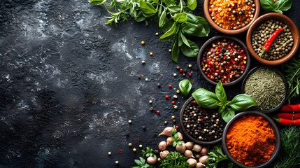 Spices and herbs on dark textured background, Different seasonings in cups, Food and cuisine ingredients wide banner, Flat lay, top view, food design, with copy space.