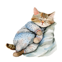A charming watercolor illustration featuring a snug cat adorned in pajamas, peacefully curled up for a nap, creating a heartwarming and cozy scene.
