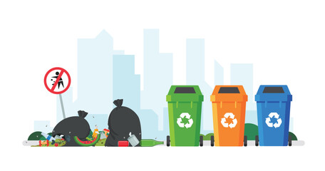 Trash cans with recycling bins in parks. Garbage dump in park.