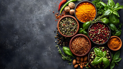 Spices and herbs on dark textured background, Different seasonings in cups or bowl, Food and cuisine ingredients wide banner, Flat lay, top view, food design, with copy space.