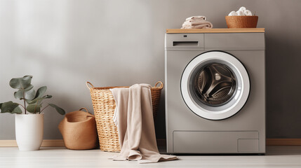 washing machine and basket with clean and dirty things, house cleaning	
 - obrazy, fototapety, plakaty