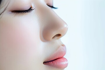 日本人女性の鼻のパーツのアップ写真（白背景・美肌・クローズアップ） - obrazy, fototapety, plakaty