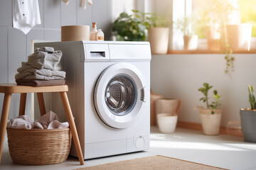 washing machine and basket with clean and dirty things, house cleaning	
