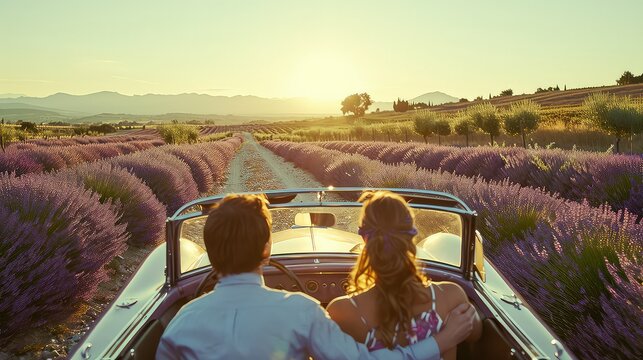 couple enjoying a romantic summer drive in a vintage car, passing through a scenic lavender field 
