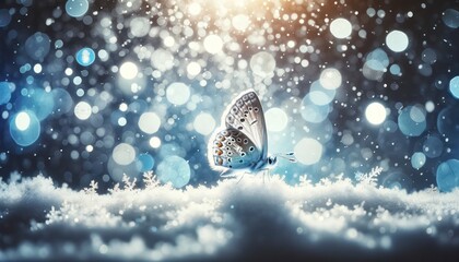 Fototapeta na wymiar Beautiful butterfly on snow with bokeh background. 