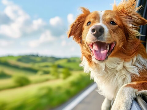 joyful dog with its head out the window, enjoying a breezy summer car ride with its family