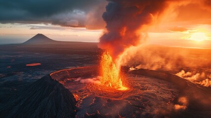 A vibrant volcanic eruption with molten lava streams and explosive spatter under a twilight sky