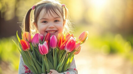 A joyful toddler holding a bunch of colorful tulips, with a bright, sunlit backdrop, reflecting the happiness of spring