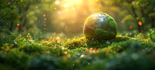 Earth globes On Soil In Forest with greenery and Sunlight, planet icon. big copy space. banner, advertising, earth day concept.	
