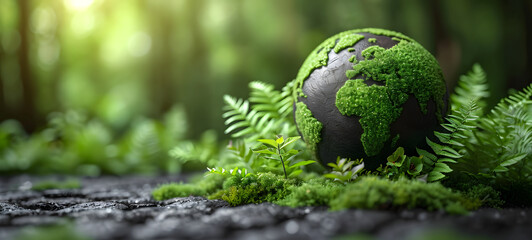 Earth globes On Soil In Forest with Ferns and Sunlight, planet icon. big copy space. banner, advertising, earth day concept.	
 - obrazy, fototapety, plakaty