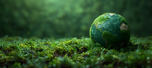 Earth globes On Soil In Forest with greenery and Sunlight, planet icon. big copy space. banner, advertising, earth day concept.	
 - obrazy, fototapety, plakaty