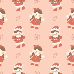 Cute kawaii cartoon  Christmas seamless pattern with little girl Santa , doodle hand drawn watercolor  illustration.