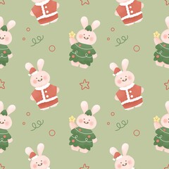 Christmas seamless pattern cute kawaii bunny background, Winter pattern  rabbit, wrapping paper, winter greetings, web page background, Christmas and New Year greeting cards, baby shower