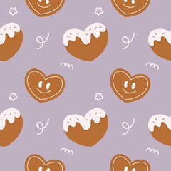 Cute gingerbread cookies cartoon seamless pattern. Coquette Christmas background.
