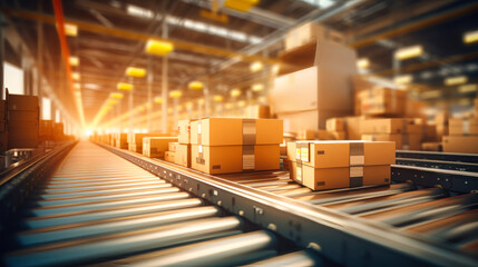 Parcel delivery, packaging and parcel services, cardboard boxes on a conveyor belt in a warehouse, transportation system concept image.