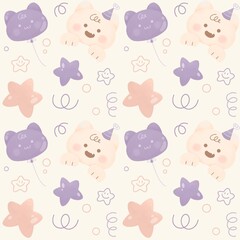 cute cat balloon star watercolor pastel purple colour Seamless pattern for baby shower nursery birthday party Happy child background backdrop wallpaper 