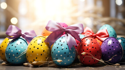 Multi-colored Easter eggs decorated for the holiday with a satin bow. Happy Easter text. Happy Easter holiday.