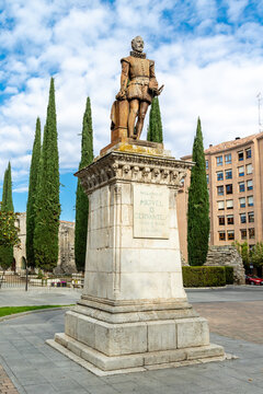 Valladolid, Spain - October 13, 2023: statue of Miguel de Cervantes, author of Don Quixote, of the city center of Valladolid, Spain