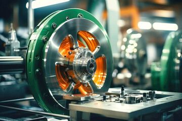 Photo of a detailed shot of a mechanical device with vibrant orange wheels. Modern metal processing at an industrial enterprise. Manufacturing of high-precision parts and mechanisms. - obrazy, fototapety, plakaty