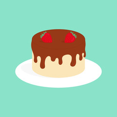 Delicious sweet cake on plate, Tasty Dessert with fresh Strawberry  Flat Vector Illustration