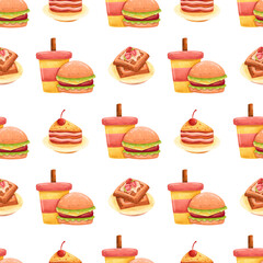 Seamless Pattern Fast food Watercolor Background