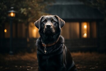 A majestic black labrador dog stares directly into the camera - obrazy, fototapety, plakaty