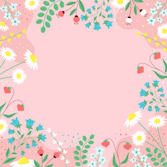 Spring background with flowers and leaves, plants and berries. Trendy abstract square art floral template. Copy space. Hand drawn colorful vector illustration.