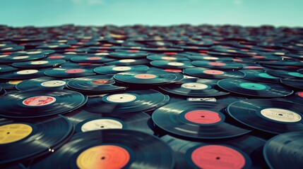 A striking horizon made up of vinyl records reminding us of the power of music to unite and uplift no matter the location - obrazy, fototapety, plakaty