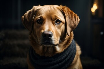 A majestic labrador dog stares directly into the camera, its dark fur contrasting against the deep, moody background.
