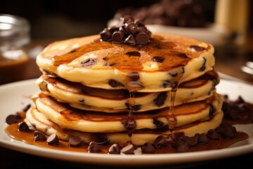 A closeup shot highlighting the beautiful, slightly crisp surface of chocolate chip pancakes, with the chocolate morsels exuding a warm, molten appearance.