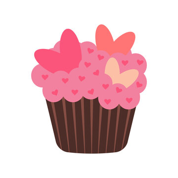 Cupcake with hearts. Valentine's day dessert. Romantic clipart for wedding, birthday or anniversary.
