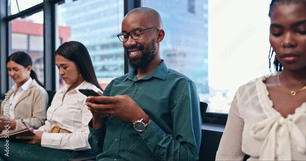 Poster phone, smile and business man in seminar for growth, training and development. mobile, learning and 