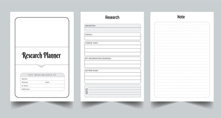 Editable Research Planner Kdp Interior printable template Design.