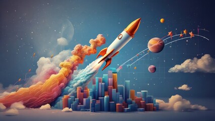 A graph chart soaring upwards with a rocket, capturing the endless possibilities and excitement of a successful startup. - obrazy, fototapety, plakaty
