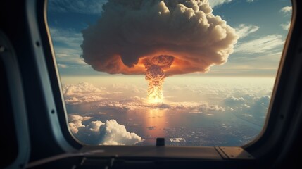 Nuclear explosion seen from the cockpit of an airplane - obrazy, fototapety, plakaty