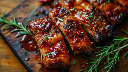 Grilled pork ribs on a wooden board with rosemary and spices.