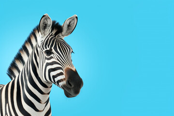 zebra isolated on blue background , copy space for text