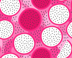 Bright tropical seamless pattern. Slices of white and pink dragon fruit on a pink background. Pitahaya.