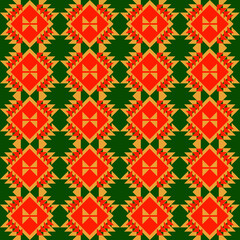 Seamless illustrated pattern made of abstract elements in red, orange and green