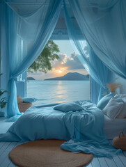 cottage bedroom, with views of the lake and a sunset