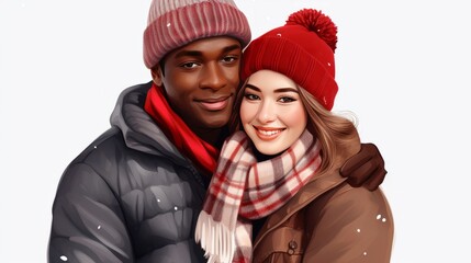Diversity. Portrait of a multiracial multicultural young couple. valentine love woman and man winter png like style - Powered by Adobe