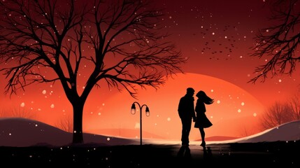 Silhouette of a couple in the night. valentine love woman and man winter png like style