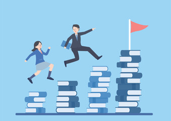 目標に向かって一緒に階段を登る先生と女子生徒