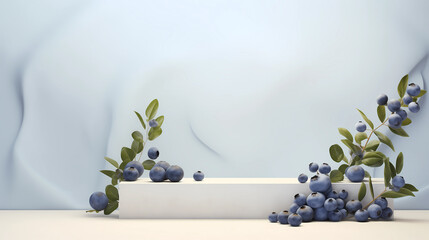 Rounded podium with fresh blueberry in the style of architectural light background. Vacant podium for product presentation with blueberry ingredients. Food, diary, and beverages advertisings.