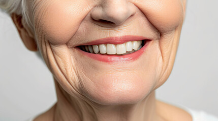 Fototapeta premium Elderly woman smiling with healthy white teeth isolated on white background.