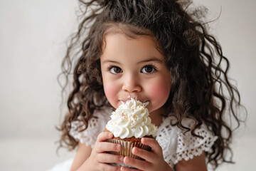 Cute little girl with curly hair eating a cupcake on a white background.