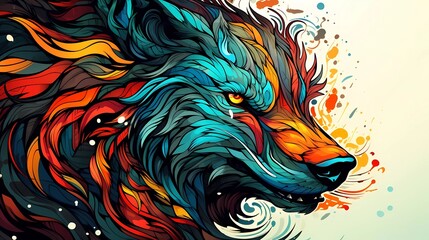 Abstract wolf head close up with tangled doodle elements. Colorful illustration. generative ai