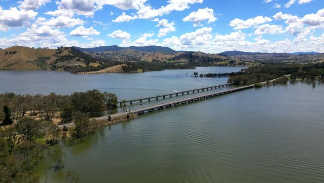 Eildon Bridge at its peak, water up to the bridge, after local flooding in Victoria