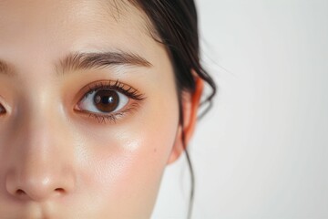 日本人女性の目元のパーツのアップ写真（白背景・美肌・クローズアップ）