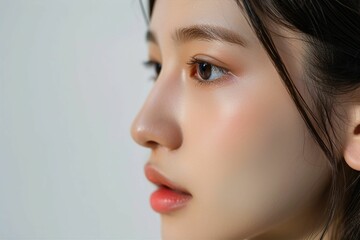 日本人女性の目元のパーツのアップ写真（白背景・美肌・クローズアップ） - obrazy, fototapety, plakaty